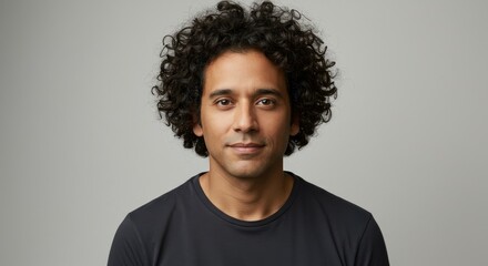Obraz premium Calm Studio Portrait of a Man with Curly Hair - A serene headshot of a man with curly dark hair, conveying calmness, confidence, and approachability. Concepts: serenity, professionalism