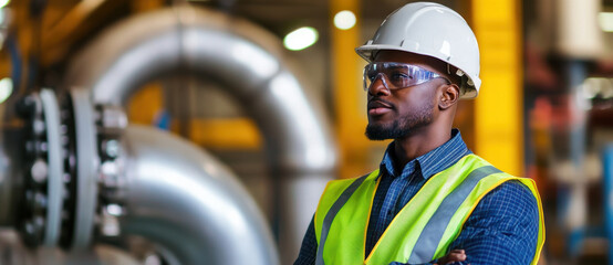 confident engineer in safety vest and helmet stands in industrial setting, showcasing professionalism and focus. environment features large machinery and pipes, emphasizing engineering field