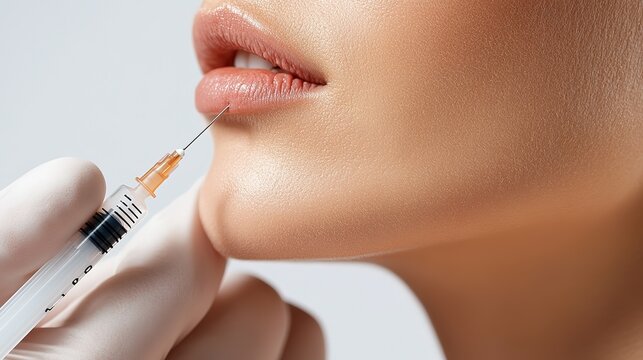 Lip fillers are one of the most popular types of dermal filler close up needle and syringe injecting on woman lip 