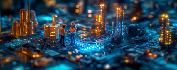 futuristic miniature factory scene on glowing circuit board, symbol of digital industry and automation