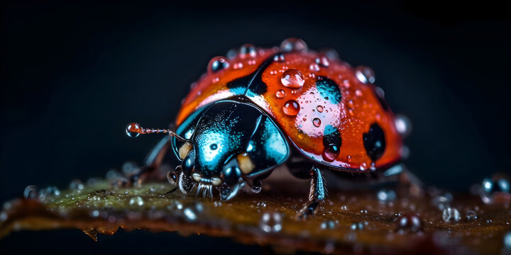 ladybug on leaf vector, macro close-up of red beetle with water drops, realistic insect art