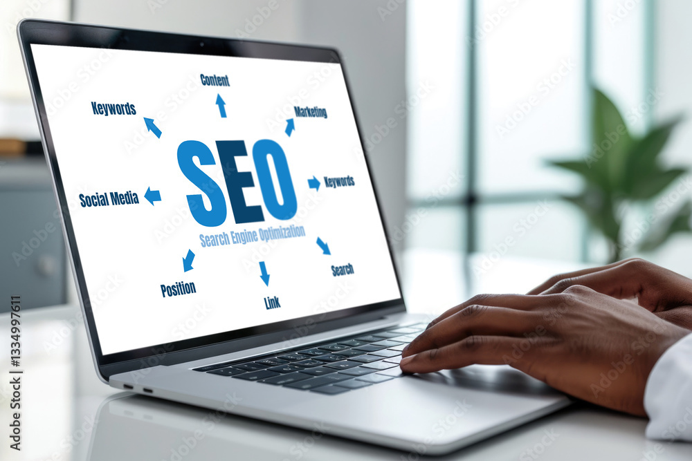 Poster seo search engine optimization for brisk e-commerce and online retail business showing on computer s