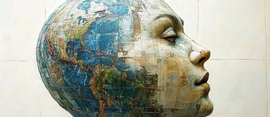 creative sculpture of human head made from globe, symbolizing globalization and interconnectedness. artwork features detailed maps and vibrant colors, evoking sense of unity