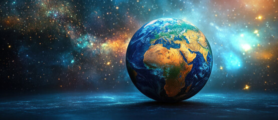 Obraz premium stunning view of Earth in space, showcasing continents and oceans against cosmic background filled with stars and galaxies. image evokes sense of wonder and exploration