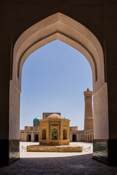 Iwan and mosque entrance inside the Khoja Kalon Madrasa, in Bukhara,