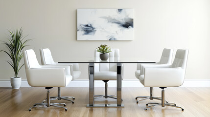 Modern conference room with glass table and white chairs, featuring plant and abstract art