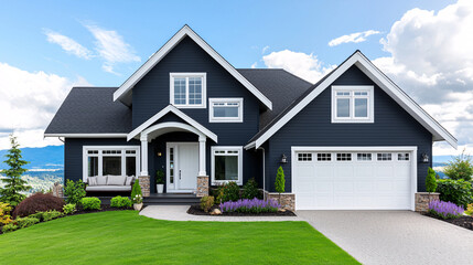 Elegant Blue House Facade with White Trim Landscaping and Green Lawn Under Sunny Skies