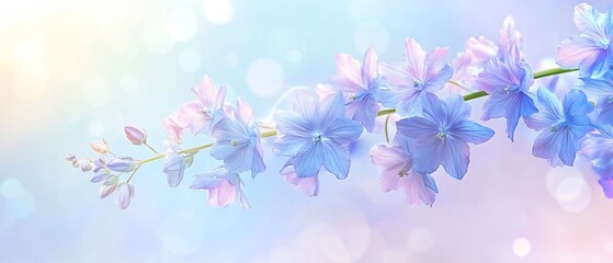 Blue Flowers Bloom in Light on a Blurred, Bokeh Background