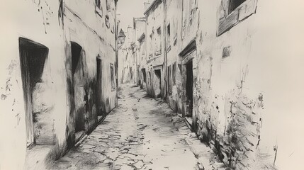 Illustration of an old narrow cobblestone alley with weathered buildings on either side
