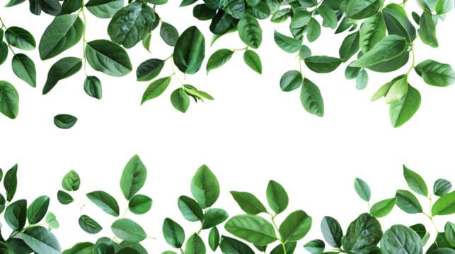 A boundary of green leaves drifting isolated on a transparent background, detailed photo, png 