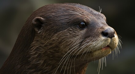 Detailed Portrait of a Smooth Coated Otter - Close-up, detailed portrait of an otter's head, showcasing its smooth fur, expressive eyes, and delicate whiskers. Symbolizing: grace, wildlife, nature