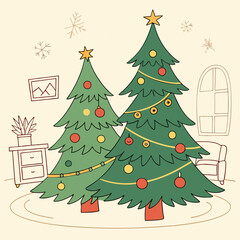 Christmas vector with trees, snowflakes, and ornaments