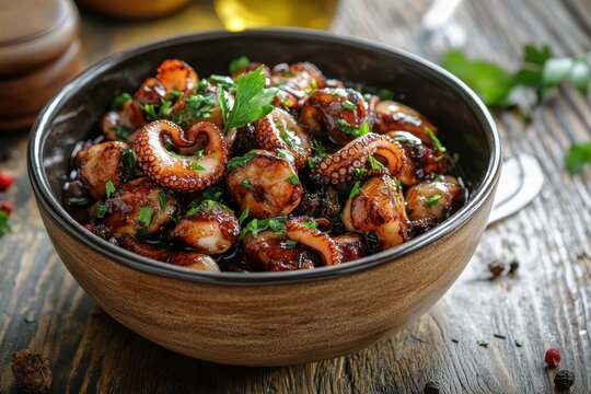 Baby octopus in marinade on a wooden surface
