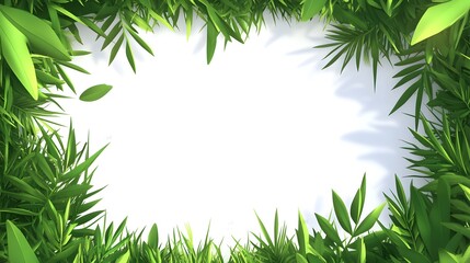 Green foliage borders an open white space in the image