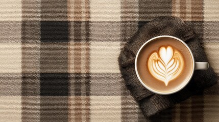 Flat lay of a cup of coffee on a plaid tablecloth. the cup is white with a black handle and is placed on a dark brown napkin.