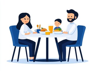 Family enjoying a meal together at a dining table with food and drinks