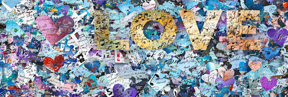 Aufkleber a vibrant collage features a multitude of hearts and the prominently displayed word love, capturing 