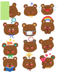 Doodle emoji cute bear , colorful painting texture . Bear face emotions  sticker . Transparent, background .