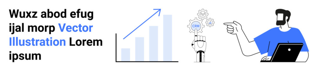 Robot hand with gears sparks innovation, growth chart depicting strategy, man with laptop for development. Ideal for technology, business, AI, growth, innovation, teamwork flat landing page banner