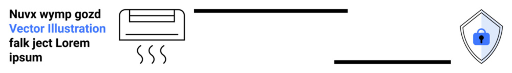 Air conditioner emitting cool air, blue shield icon, minimal lines. Ideal for climate control, energy efficiency, home safety, data security, smart tech, innovation flat landing page banner