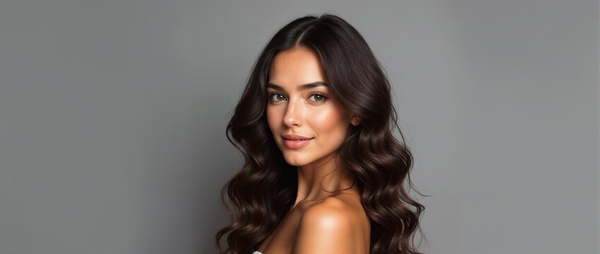 Portrait of an elegant woman with flowing dark brown hair, soft makeup, and a confident expression, depicted against a gray studio backdrop.