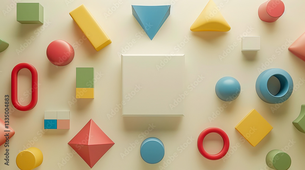 Poster a vibrant assortment of geometric shapes in various colors is creatively arranged on a neutral backd