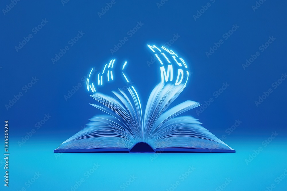 Poster open book with glowing text floating above it on a blue background promoting knowledge