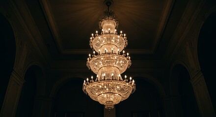 Grand Crystal Chandelier in Dark Hallway - A stunning crystal chandelier illuminates a grand, dark hallway. The light reflects beautifully off the crystals