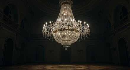 Grand Ballroom Chandelier - A dazzling crystal chandelier illuminates a large, dark ballroom. Elegant and luxurious