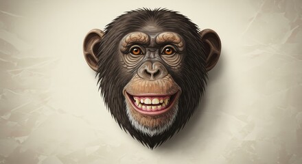 Happy Chimpanzee Portrait - Close-up of a smiling chimpanzee's face, detailed and realistic illustration. Perfect for websites, blogs, or presentations needing a cheerful, friendly