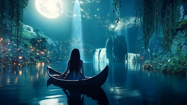 Moonlit forest girl in canoe