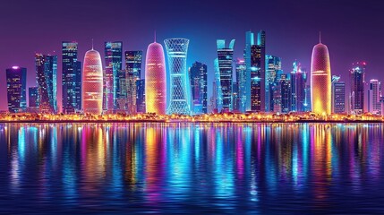 Vibrant Night Cityscape of Modern Skyline Reflected in Water, Doha, Qatar
