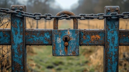 Rusted blue padlock securing a chain-link gate