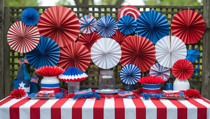 Obraz premium A Patriotic Party Scene Bursts With Vibrant Red, White, And Blue Paper Fans Creating A Festive Backdrop For A Celebratory Fourth Of July Gathering