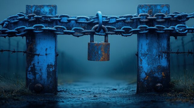 Rusted chain and padlock secure a misty path