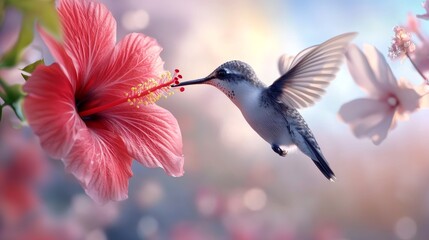 Fototapeta premium Hummingbird Feeding on Pink Hibiscus Flower
