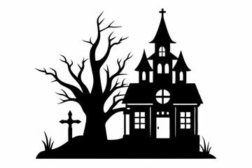  a haunted house with tree and cross icon line art silhouette vector illustration