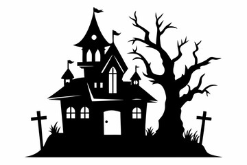  a haunted house with tree and cross icon line art silhouette vector illustration