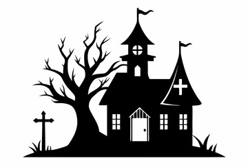  a haunted house with tree and cross icon line art silhouette vector illustration