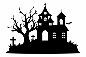  a haunted house with tree and cross icon line art silhouette vector illustration