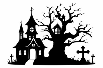  a haunted house with tree and cross icon line art silhouette vector illustration