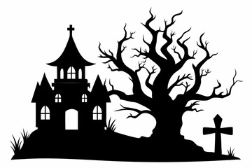  a haunted house with tree and cross icon line art silhouette vector illustration