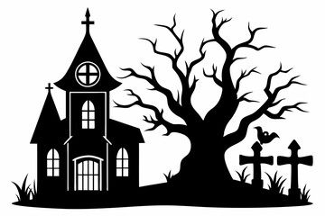  a haunted house with tree and cross icon line art silhouette vector illustration
