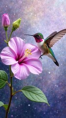 Obraz premium Hummingbird and morning glory flower in light purple color. Calm garden landscapes. Decorative paintings. Picture, background, screensaver, art