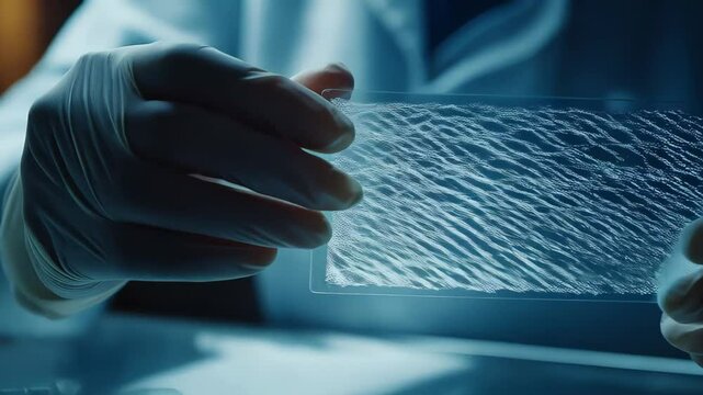 Close-up of a researcher wearing gloves examining a transparent artificial skin sample under laboratory lighting, highlighting its delicate texture and advanced biomaterial structure