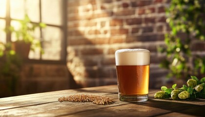 Rustic brewery scene with fresh amber beer and barley on wooden table.