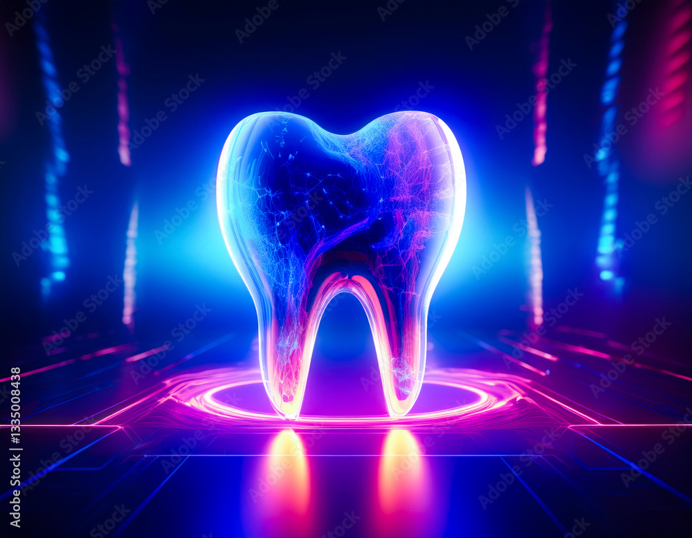 Poster Digital representation of a glowing tooth in a vibrant neon environment showcasing advanced dental technology