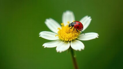 Fototapeta premium Ladybug sitting on a chamomile flower on a green background. Close-up