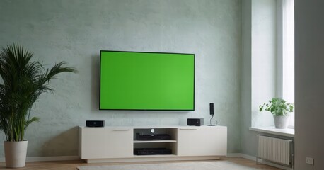Fototapeta premium modern living room with tv and green screen, luxury forniture and light from the windows, stylish internal design for interiors