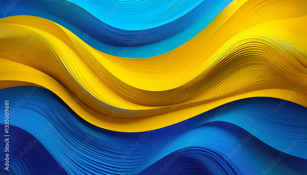 Poster Vibrant blue and yellow waves create a dynamic abstract design representing energy and movement